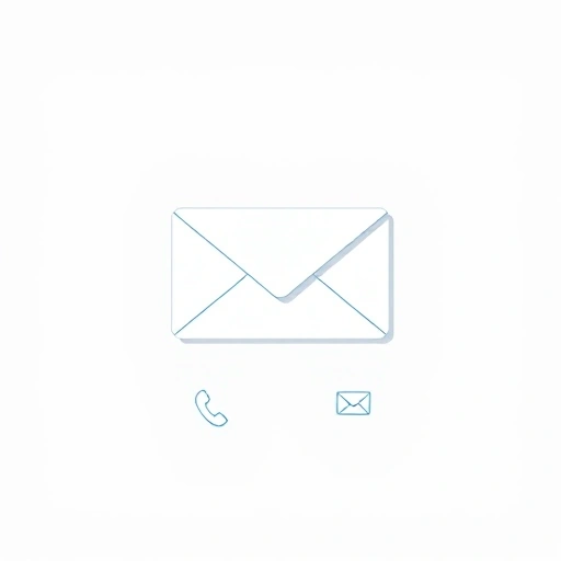 A minimalist, clean illustration of contact information: a simple white envelope with a subtle blue outline, placed on a light gray background, with a small phone icon and email icon neatly arranged beside it, all in flat vector style, soft shadows, no text or labels