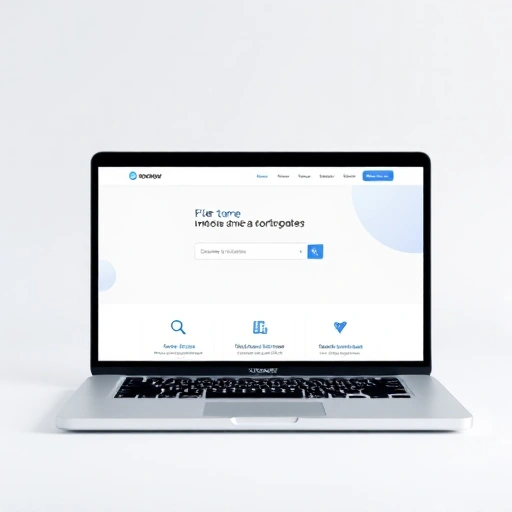A modern website interface displayed on a laptop screen, showing a clean homepage with a navigation bar, logo in the top left, search bar in the center, and three feature cards below with icons representing services, all in a minimalist design with soft blue and white colors, subtle shadows, and a light gradient background