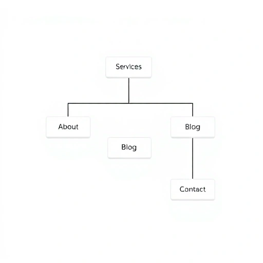 A simple, clean sitemap diagram showing hierarchical website structure with boxes representing pages (Home, About, Services, Blog, Contact) connected by lines, minimalist design, white background, flat icons inside boxes, no text labels on boxes, only symbols like home, user, gear, article, phone