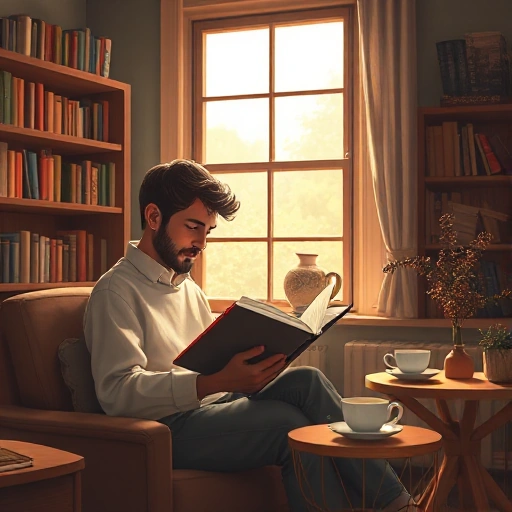 A person reading a book in a cozy indoor setting with soft natural light from a window, surrounded by shelves of books, warm wooden furniture, and a cup of tea on a side table, peaceful and focused atmosphere, realistic but slightly stylized with gentle textures and muted earth tones