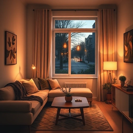 A cozy home interior with a warm living room, soft lighting, a comfortable sofa, a wooden coffee table, a potted plant, and a window showing a quiet street at dusk, minimalistic and inviting atmosphere