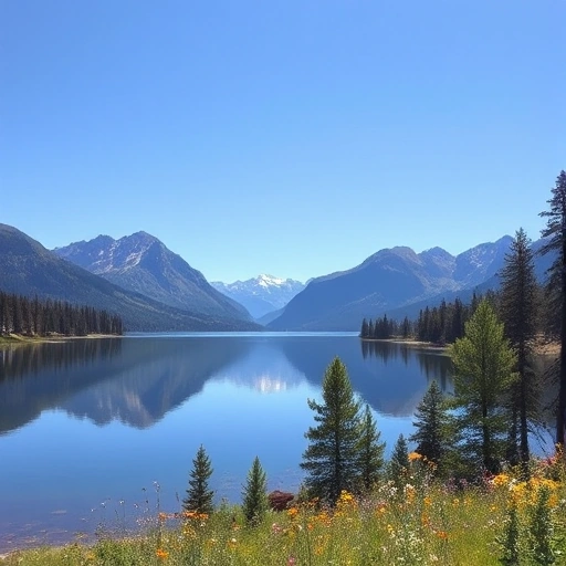 A serene landscape with a calm lake reflecting mountains and a clear blue sky, surrounded by pine trees and wildflowers in the foreground