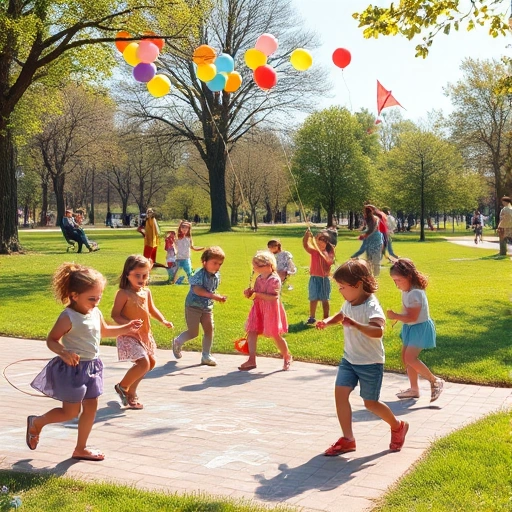 A joyful scene of children playing traditional outdoor games in a sunny park: some jumping rope, others playing tag, a group flying kites, and a few drawing with chalk on pavement, surrounded by green grass, trees, and colorful balloons floating in the air, warm daylight, soft shadows, innocent expressions, lively but peaceful atmosphere