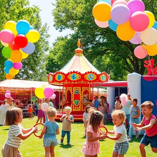A joyful children's festival scene with colorful balloons, a small carousel, a bouncy castle, kids playing ring toss and sack races, cotton candy stands, and families laughing under bright summer sunlight, all in a cheerful, vibrant park setting