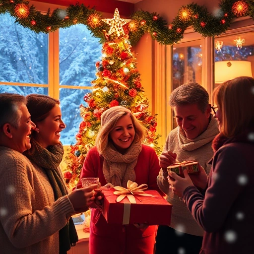 A festive holiday scene with colorful decorations, twinkling lights, a decorated Christmas tree, people laughing and exchanging gifts, warm glowing ambiance, snow gently falling outside a cozy window, expressions of joy and togetherness