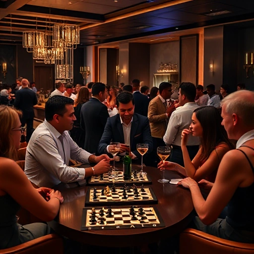A sophisticated adult social gathering in a modern lounge setting, featuring diverse adults engaging in elegant conversation, playing board games like chess and card games, enjoying cocktails at a stylish bar, soft ambient lighting, luxurious textures, no text or signage visible