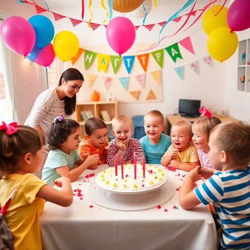 A joyful children's birthday party scene with kids happily playing games, eating cake, and celebrating in a colorful decorated room, featuring balloons, streamers, and friendly adults supervising calmly to show a stress-free atmosphere, smallHQ