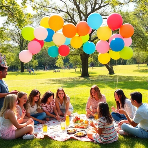 A joyful outdoor celebration in a sunny park with colorful balloons, a picnic blanket with food and drinks, people laughing and playing games, trees and green grass in the background, warm daylight, festive atmosphere