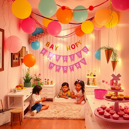 A cozy children's corner at a festive celebration, featuring colorful balloons, streamers, and decorations, a small play area with toys and a rug, children happily playing and interacting, warm lighting creating a joyful atmosphere, festive treats like cupcakes and cookies on a table, soft pastel colors, cheerful and inviting scene