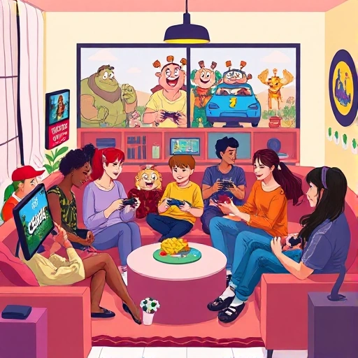 A vibrant and colorful illustration depicting a diverse group of people of all ages, genders, and ethnicities joyfully playing various video games together in a modern, cozy living room setting, with screens showing different game genres, controllers, and friendly interactions, conveying inclusivity and fun