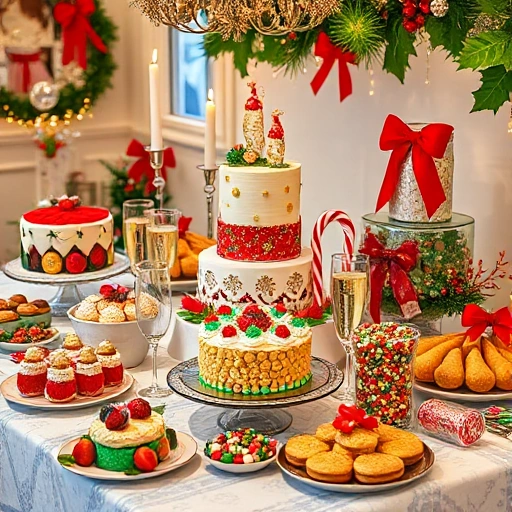 A festive table filled with colorful holiday treats and sweet delights, including decorated cakes, pastries, candies, fruits, and sparkling drinks, arranged beautifully with ribbons and candles, warm lighting, joyful atmosphere