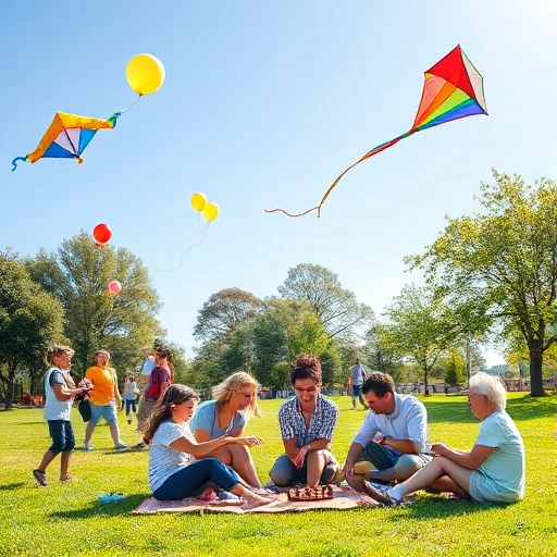 A vibrant, joyful scene of people of all ages playing together in a sunny park: children flying kites, teenagers playing frisbee, adults laughing while playing board games on a picnic blanket, and elderly individuals enjoying chess under a tree, with colorful balloons, a rainbow kite in the sky, and lush green grass under a bright blue sky