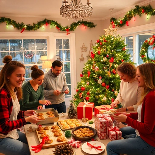 A joyful holiday preparation scene with colorful decorations, smiling people hanging garlands, baking festive treats, wrapping gifts, and decorating a Christmas tree in a cozy home filled with warmth and laughter