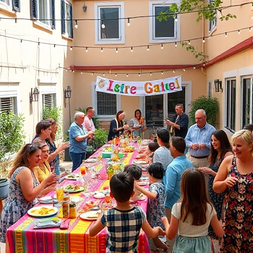 A vibrant, inclusive celebration scene: a sunny outdoor courtyard with a long table covered in colorful tablecloths, a variety of dishes and drinks, a string of fairy lights overhead, a live band playing cheerful music, children and adults dancing together, a banner with festive decorations but no text, people of diverse ages and backgrounds smiling and enjoying the moment, soft natural lighting, a sense of warmth and togetherness