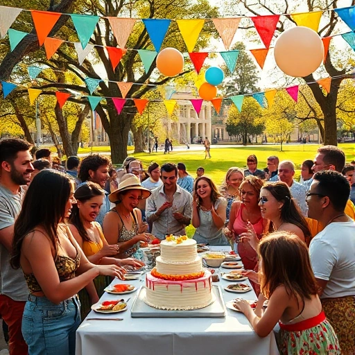 A joyful, inclusive celebration with people of diverse ages, ethnicities, and abilities gathered in a bright outdoor park setting, sharing food, dancing, playing games, and laughing under colorful banners and string lights, with a large cake on a table and balloons floating in the air, warm sunlight filtering through trees, no text or signs visible