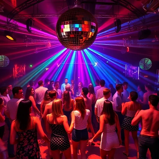 A festive disco party with colorful lights, people dancing joyfully in retro 70s and 80s style clothing, a mirrored disco ball overhead, vibrant laser beams, and a lively dance floor filled with energetic movement, all in a warm, celebratory atmosphere