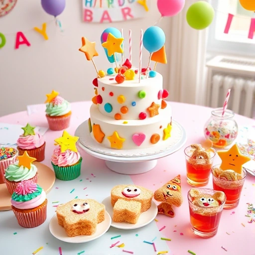 A joyful children's party scene with colorful festive treats: cupcakes with rainbow frosting, fruit skewers shaped like stars, mini sandwiches cut into fun animal shapes, jelly cups with smiling faces, and a centerpiece cake decorated with balloons and confetti, all arranged on a pastel-colored table with cheerful decorations like paper garlands and confetti, soft natural lighting, warm and inviting atmosphere, no text or words visible
