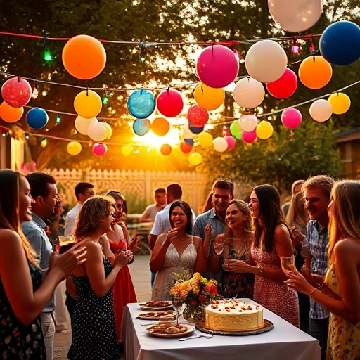 A joyful celebration with diverse guests of all ages enjoying a festive party — people laughing, dancing, sharing food and drinks under colorful string lights and balloons, a decorated table with cake and flowers, warm golden-hour lighting, cozy outdoor garden setting, expressions of happiness and connection, no text or signs visible