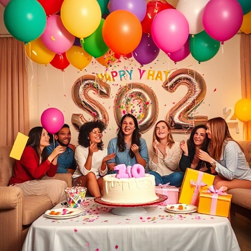 A joyful surprise party scene with colorful balloons, confetti falling, a decorated table with a cake and gifts, friends laughing and hiding behind furniture, warm indoor lighting, festive atmosphere, no text or words visible