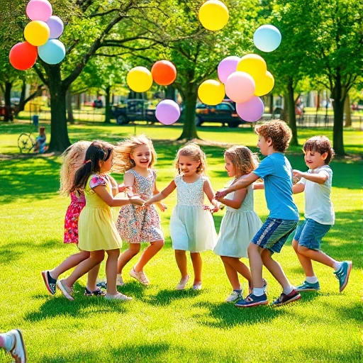 A joyful scene of children dancing and playing games outdoors in a sunny park, laughing, holding hands in a circle, some jumping rope, others playing tag, colorful balloons floating in the air, bright green grass, trees with dappled sunlight, cheerful expressions, vibrant but natural colors, no text or signs