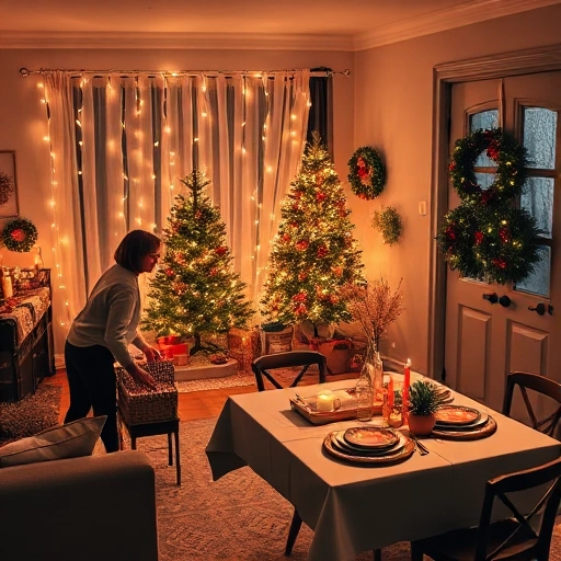 A cozy home preparation scene for a holiday: a person decorating a living room with string lights, arranging gifts under a small Christmas tree, setting a festive table with candles and holiday dishes, and hanging wreaths on the door — warm lighting, soft colors, joyful atmosphere, no text or signs