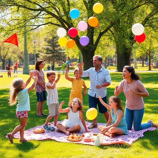 A joyful family scene with children and adults playing together in a sunny park — children flying kites, adults laughing while playing frisbee, a picnic blanket with snacks, colorful balloons floating in the air, green grass, trees with dappled sunlight, warm and inviting atmosphere