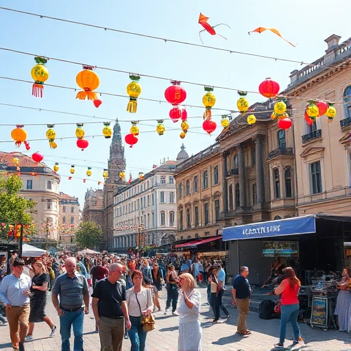 A festive city square decorated for City Day celebration with colorful banners, balloons, and lanterns, people in casual clothing walking and enjoying street performances, a stage with musicians playing, food stalls with local cuisine, children flying kites, and historic buildings in the background under a bright sunny sky