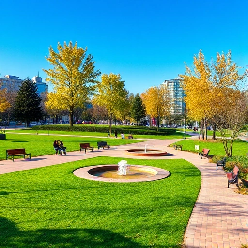 A modern urban park opening in Vladikavkaz, featuring green lawns, paved walking paths, benches, trees with autumn foliage, a small fountain, and people strolling and relaxing, under a clear blue sky, in a realistic and vibrant style