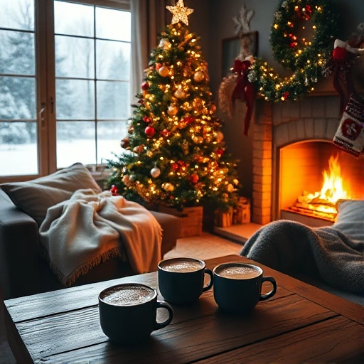 A cozy festive indoor scene with a decorated Christmas tree glowing with warm lights, a fireplace crackling softly, soft blankets draped over a sofa, steaming mugs of hot cocoa on a wooden table, snow gently falling outside a frosted window, and a sense of warmth and togetherness in the air