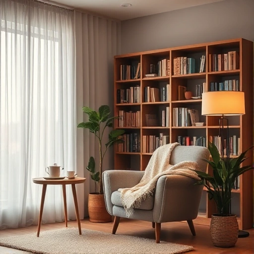 A cozy adult corner featuring a plush armchair with a soft throw blanket, a small wooden side table holding a steaming cup of tea, a floor-to-ceiling bookshelf filled with books, a warm, dimmed lamp casting gentle light, a large window with sheer curtains letting in soft natural light, a potted plant adding a touch of greenery, and a soft rug underfoot. The scene is quiet and inviting, with muted earth tones and subtle textures to create a serene, adult-friendly retreat.