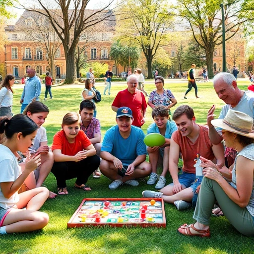 A vibrant, joyful scene showcasing diverse people of all ages—children, teenagers, adults, and seniors—engaged in various games and entertainment activities in a sunny park setting, including board games, frisbee, soccer, and musical instruments, with colorful, playful elements and a warm, inclusive atmosphere, smallHQ