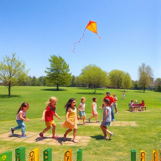 A sunny park scene with a diverse group of children playing various games such as hopscotch, kite flying, and a small soccer match. The children are wearing bright, casual clothing and are laughing and interacting with each other. The background includes green grass, a few trees, and a clear blue sky. No text, letters, or numbers are present in the image.