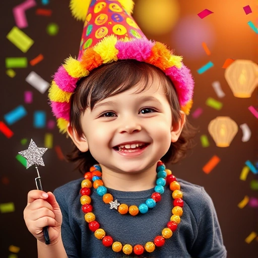 A joyful child wearing colorful festive accessories: a bright party hat with pom-poms, a beaded necklace with stars and moons, and holding a small glittery wand. Around them, floating confetti in rainbow colors and tiny paper lanterns shaped like animals. Soft, warm lighting, cheerful expression, whimsical holiday atmosphere, child-friendly design, no text or logos.