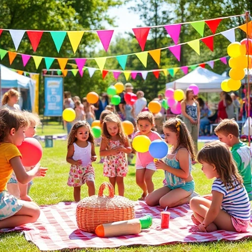 A joyful outdoor scene with children playing colorful games like sack race, balloon popping, and face painting under bright sunshine, surrounded by cheerful decorations such as banners, balloons, and picnic blankets, all in a vibrant, lively atmosphere