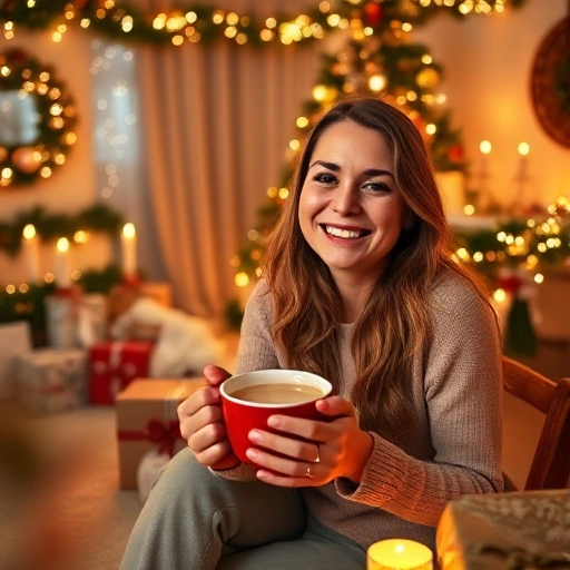 A joyful and cozy scene of a person preparing for a holiday with a smile, decorating a home with festive lights, garlands, and candles, holding a cup of hot cocoa, surrounded by wrapped gifts and a decorated Christmas tree in the background, warm golden lighting, soft focus, inviting atmosphere, no text or words visible