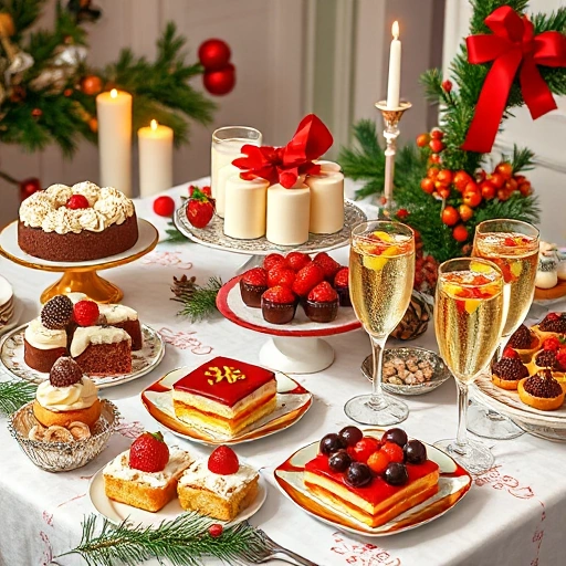 A festive table with colorful holiday treats and drinks, including decorated cakes, pastries, fruit tarts, sparkling beverages in glasses with fruit garnishes, and traditional sweets arranged on a beautifully set table with holiday decorations like pine branches, candles, and ribbons