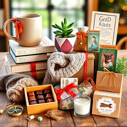 A vibrant collage of unique gift ideas for everyone: a handmade ceramic mug, a vintage book with a ribbon bookmark, a potted succulent in a geometric pot, a custom illustration of a pet, a set of artisanal chocolates in a wooden box, a hand-knitted scarf, a vintage compass, and a DIY candle-making kit, all arranged artfully on a rustic wooden table with soft natural light, warm tones, and subtle bokeh background
