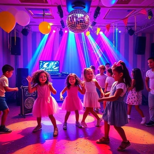 A joyful children's disco party with colorful lights, dancing kids in festive outfits, a DJ booth with glowing speakers, balloons and streamers, a dance floor with sparkling confetti, and cheerful expressions — all in a bright, lively indoor party setting