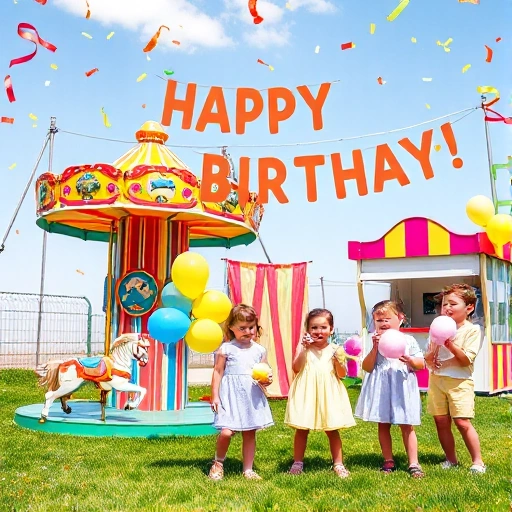 A joyful children's party scene with colorful carnival rides and games: a small Ferris wheel, a carousel with painted horses, a ring toss booth, a duck pond game, and kids laughing while holding balloons and cotton candy. Bright confetti falls in the air, streamers hang between poles, and a banner reads 'Happy Birthday!' in playful font. Sunny daytime setting with green grass and cheerful decorations.