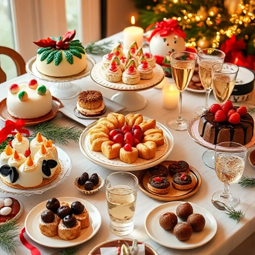 A festive table filled with a variety of holiday treats including decorated cakes, colorful cookies, fruit tarts, chocolate truffles, and sparkling drinks, surrounded by warm lighting and subtle holiday decorations like pine branches and ribbons, all in a cozy, inviting atmosphere