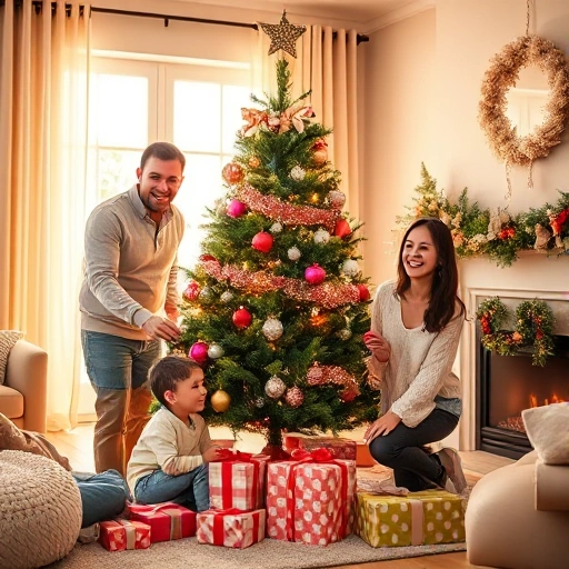 A joyful family preparing for a holiday: smiling adults and children decorating a Christmas tree with colorful ornaments, hanging garlands, and placing gifts underneath, warm sunlight streaming through a window, cozy living room with a fireplace, soft pastel tones, detailed textures, high quality
