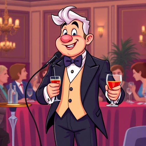 A professional children's entertainer performing for adults in a sophisticated setting, such as a cocktail party or upscale event, with playful yet mature themes, colorful costumes, and engaging activities like magic tricks or balloon art, depicted in a clean, cartoonish style suitable for smallHQ