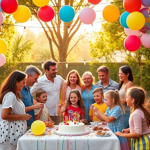 A joyful celebration scene with children and adults together, featuring colorful balloons, confetti, a decorated table with cake and snacks, string lights overhead, people laughing and dancing, a mix of ages in casual festive clothing, warm sunlight filtering through trees in an outdoor garden setting, vibrant but soft color palette, high detail, harmonious composition