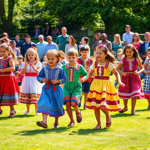 A joyful outdoor scene with diverse children and adults dancing in colorful traditional costumes, playing games like jump rope and sack races on a sunny grassy field, bright cheerful atmosphere, smallHQ