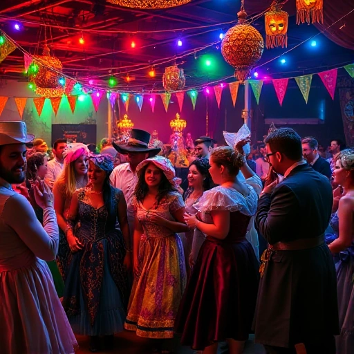A vibrant themed costume party with people in elaborate fantasy and historical costumes dancing under colorful string lights, decorated with thematic props like masks, banners, and festive tableware, joyful atmosphere, indoor venue with warm ambient lighting