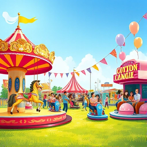 A vibrant, joyful scene of cheerful people enjoying fun activities and attractions at a sunny outdoor amusement park: colorful carousel horses spinning, children laughing on a Ferris wheel, families riding bumper cars, cotton candy stands with pink and blue treats, balloons floating in the air, bright banners and flags, green grass under a clear blue sky, warm sunlight casting soft shadows, whimsical and lively atmosphere, detailed but clean illustration style