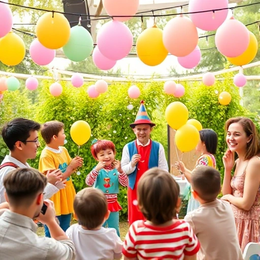A group of cheerful children's party animators in colorful costumes performing playful magic tricks and balloon animals for a group of smiling adults at an outdoor garden party, with confetti in the air, string lights overhead, and a whimsical backdrop of pastel balloons and cartoonish props, all rendered in a bright, clean, high-quality smallHQ style