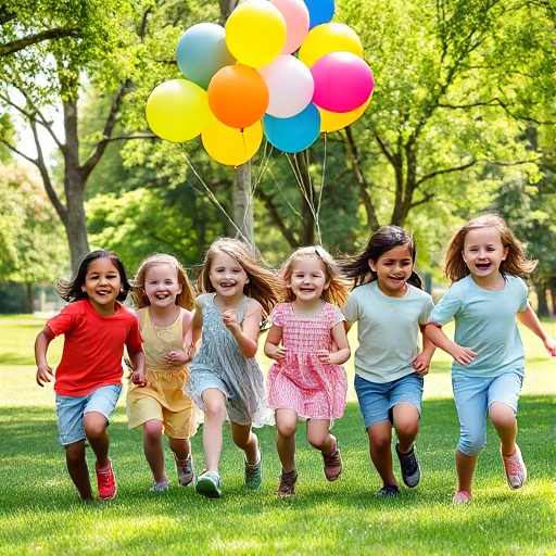 A cheerful group of diverse children playing together in a sunny park, laughing and running on green grass, with colorful balloons floating above them, trees in the background, soft natural lighting, joyful and innocent atmosphere