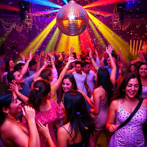 A vibrant festive disco party for everyone, featuring diverse people of all ages, ethnicities, and abilities dancing joyfully under colorful disco lights, with a glittering disco ball overhead, confetti falling, and a lively dance floor filled with energy and smiles, in a warm, inclusive, celebratory atmosphere