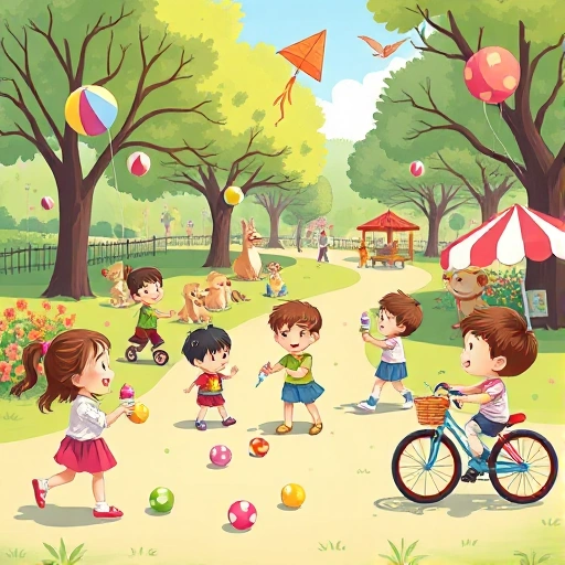 A cheerful scene of children's games and entertainment in a sunny park, featuring kids playing with colorful balls, flying kites, riding bicycles, and enjoying ice cream, with cartoon-style animals watching happily, all rendered in smallHQ style
